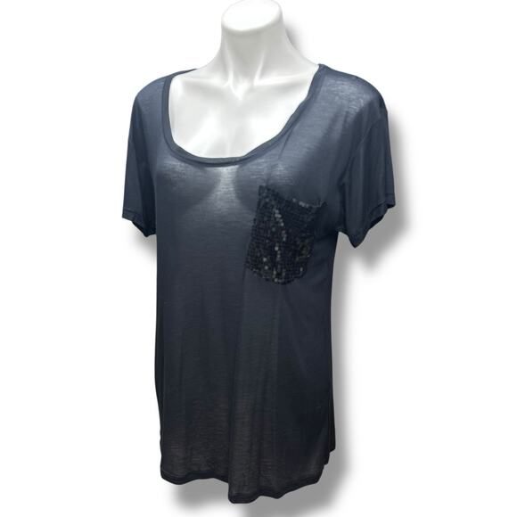 Y2K Express T Shirts 2 Sheer Embellished Pockets Black White Studded Sequins M - Picture 12 of 16
